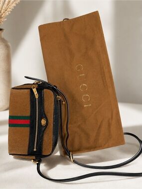 Gucci Ophidia Small Brown Suede Crossbody Camera Bag w/ Green-Red Stripe